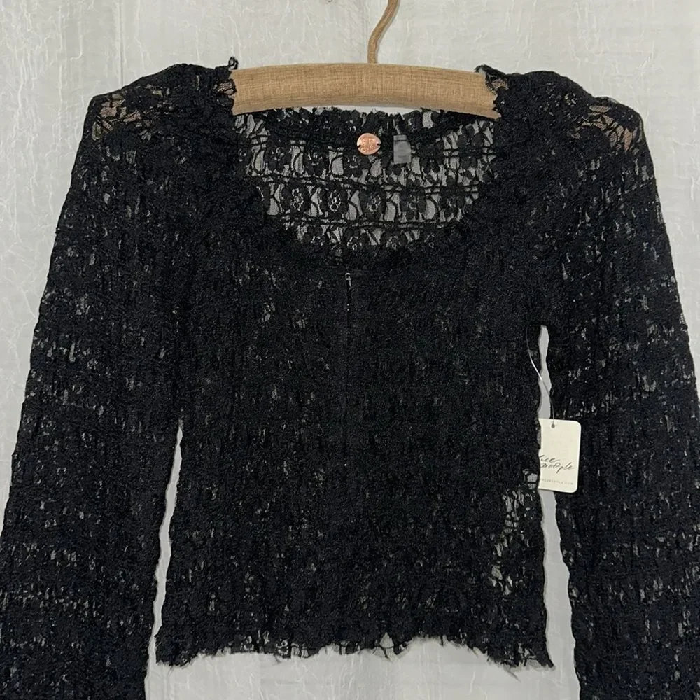 free people XS-S Madison Black Hook Eye Cropped Bell Sleeve Lace Top